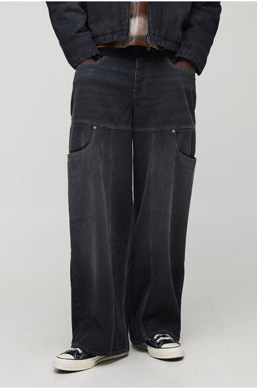 Baggy fit Washed Carpenter Panelled Jeans - charcoal