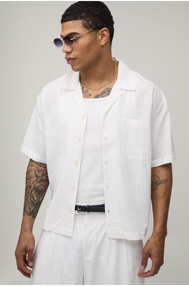Oversized Boxy Fit Short Sleeve Linen Blend Shirt - white