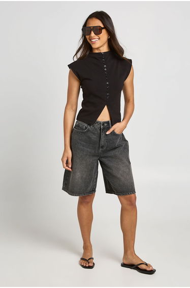 Compact Cotton Button Through Cap Sleeve Top - black