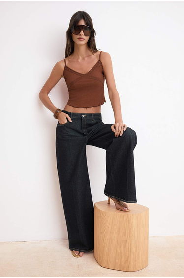 Brown Fitted/Bodycon Pool Collar Lace Detailed Crop Textured Knitted Blouse