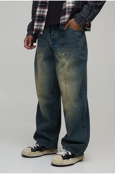 Super Baggy Panelled Washed Jeans - antique blue