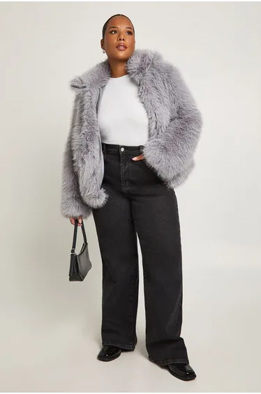 Plus Faux Fur Longline Coat - grey