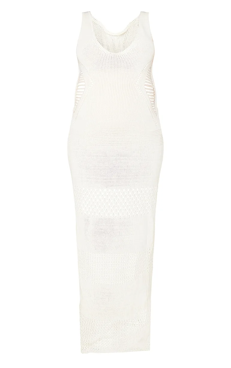 Maternity Cream Distressed Side Crochet Maxi Dress - 4