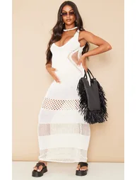Maternity Cream Distressed Side Crochet Maxi Dress