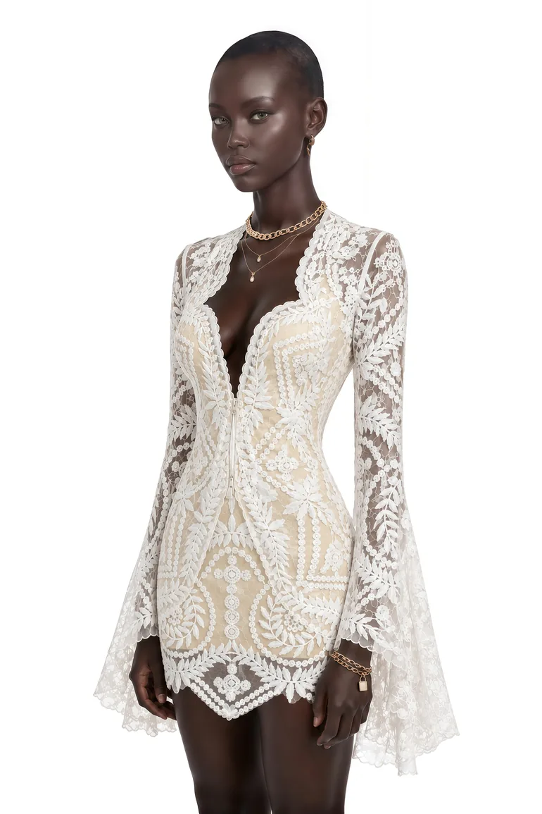 Emanuela White Plunge Neck Top & Skirt Set with Bell Sleeves - 2