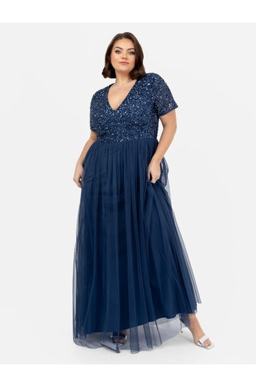 Maya French Navy V Neckline Embellished Maxi Dress