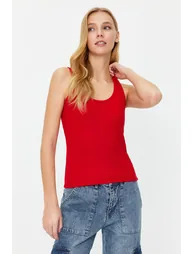 Red Fitted Pool Neck Ribbed Stretchy Knitted Undershirt