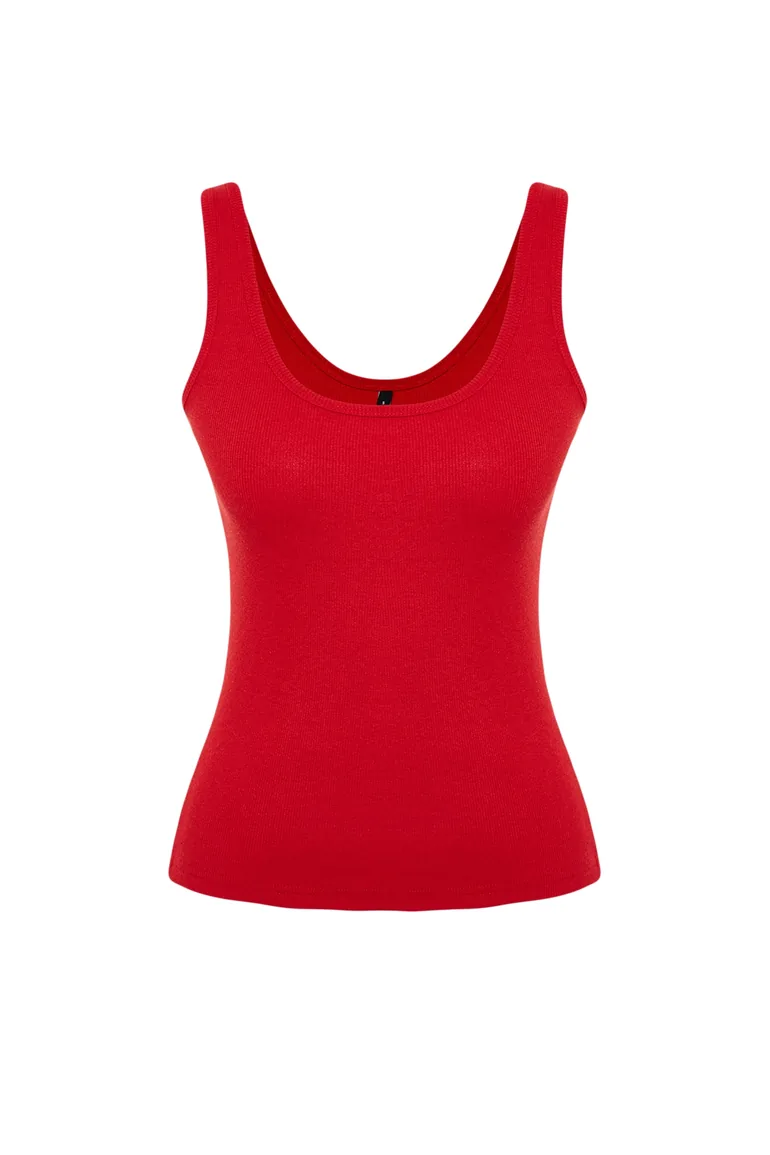 Red Fitted Pool Neck Ribbed Stretchy Knitted Undershirt - 6