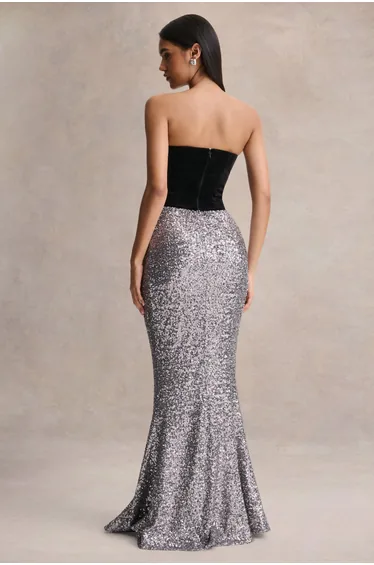 Aeris | Black Velvet And Silver Sequin Plunge-Neck Maxi Dress
