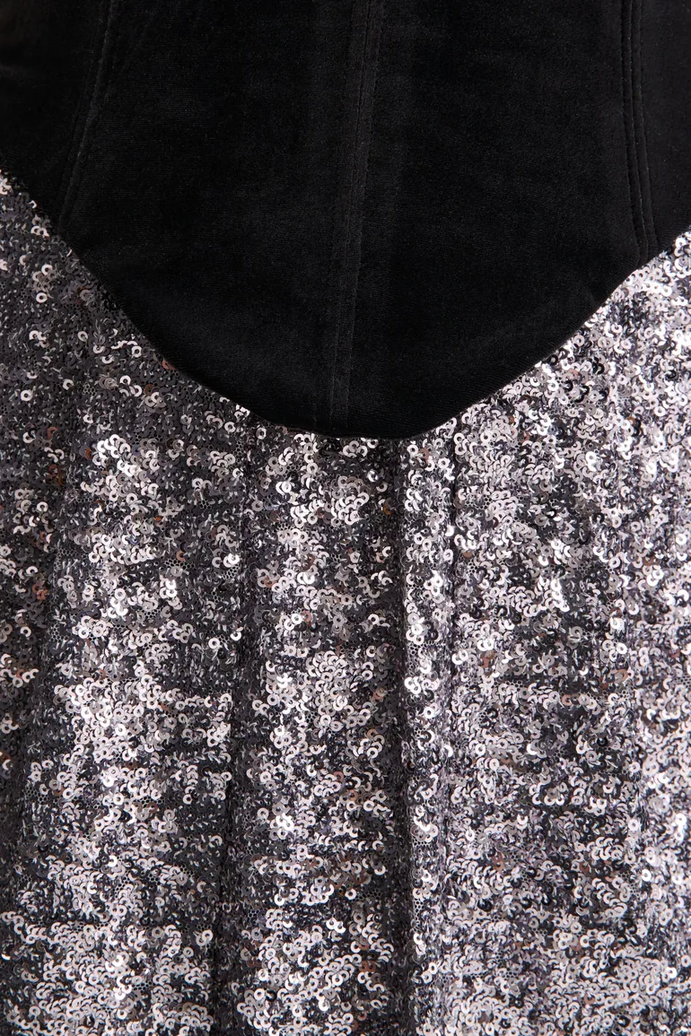 Aeris | Black Velvet And Silver Sequin Plunge-Neck Maxi Dress - 6