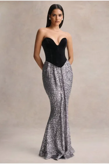 Aeris | Black Velvet And Silver Sequin Plunge-Neck Maxi Dress