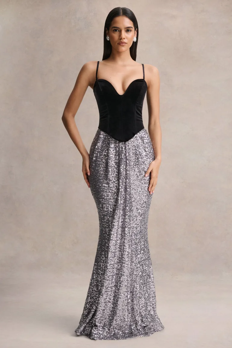 Aeris | Black Velvet And Silver Sequin Plunge-Neck Maxi Dress