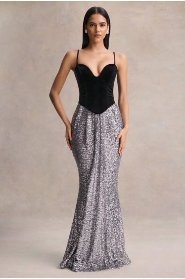 Aeris | Black Velvet And Silver Sequin Plunge-Neck Maxi Dress