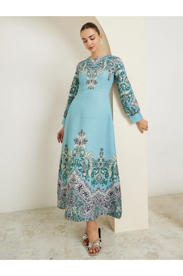 Blue Floral Embellished Long Sleeves Maxi Dress