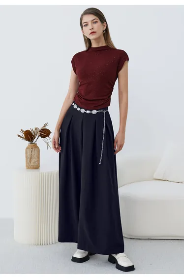 Chain-Embellished Pleated Palazzo Pants in Navy