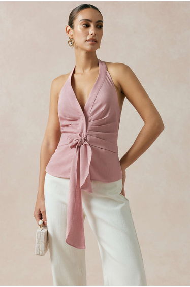 Linen Halter Tie-Up Backless Tank Top