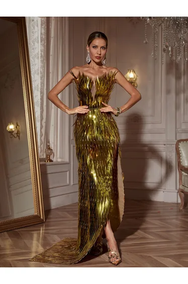 Jimmie Metal Feather Dress In Gold