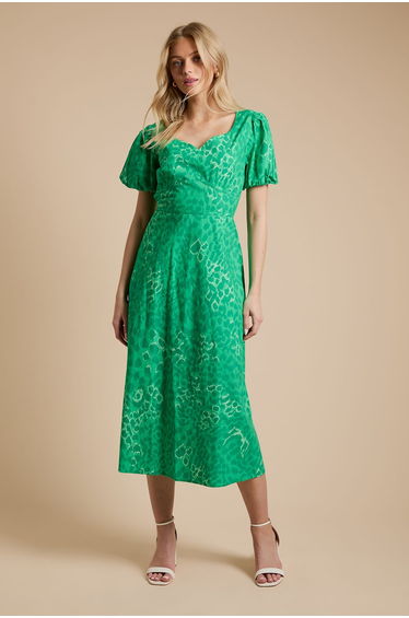 Green Animal Sweetheart Neck Printed Poplin Dress