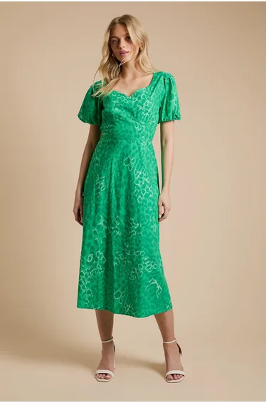 Green Animal Sweetheart Neck Printed Poplin Dress