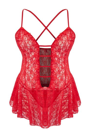 Red Window/Cut Out Detailed Panty Detailed Lace Pack Cup-Free Knitted Babydoll/Fantasy Nightgown