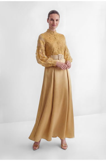 Perfectly Flirtatious Yellow Sheer Lace Sleeve Maxi Dress
