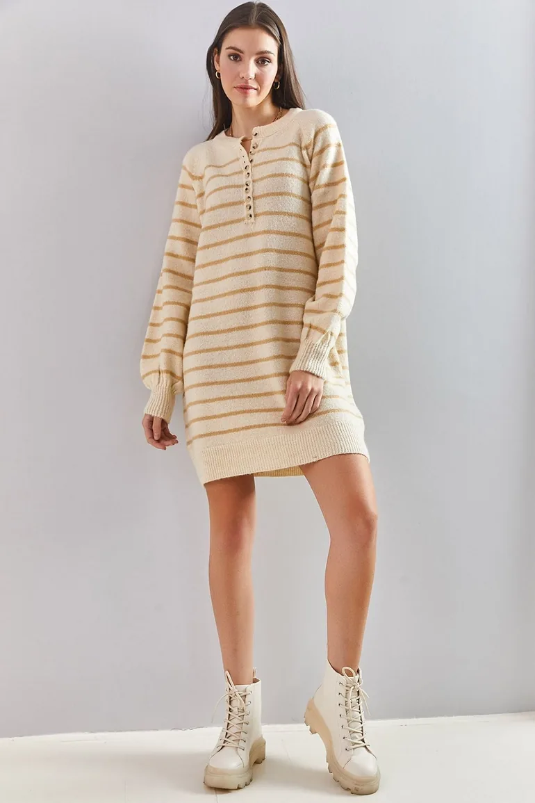 Beige Column Mini Jumper Dress with Long Sleeves