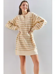 Beige Column Mini Jumper Dress with Long Sleeves - 2