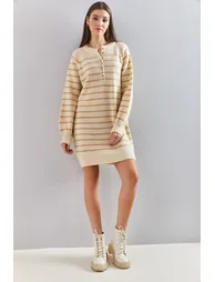 Beige Column Mini Jumper Dress with Long Sleeves - 5