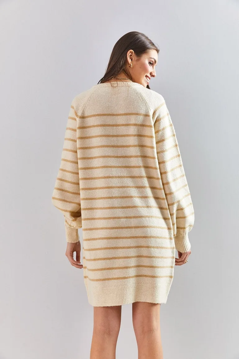 Beige Column Mini Jumper Dress with Long Sleeves - 4