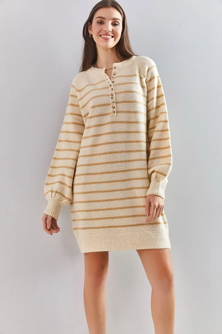 Beige Column Mini Jumper Dress with Long Sleeves - 3