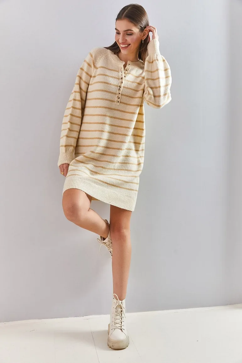 Beige Column Mini Jumper Dress with Long Sleeves - 6
