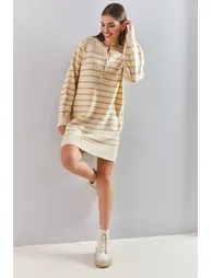 Beige Column Mini Jumper Dress with Long Sleeves - 6