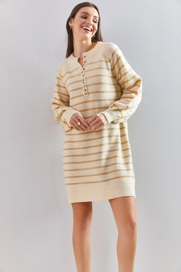 Beige Column Mini Jumper Dress with Long Sleeves - 1