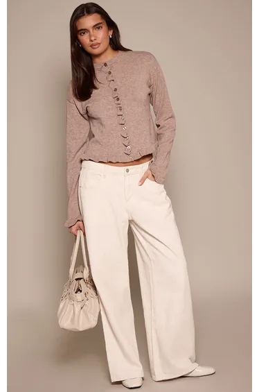 Taupe Ruffle Detail Knit Cardigan