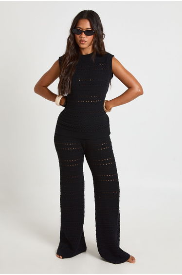 Crochet Knit Longline Top and Trouser Co-Ord - black