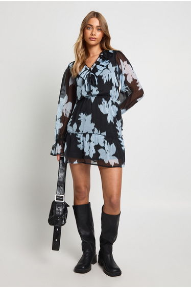 Floral Chiffon Tiered Smock Dress