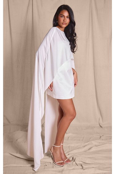 Premium White Satin Bandeau Chiffon Cape Detail Bodycon Dress