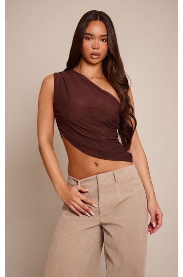 Chocolate Mesh Asymmetric One Shoulder Top
