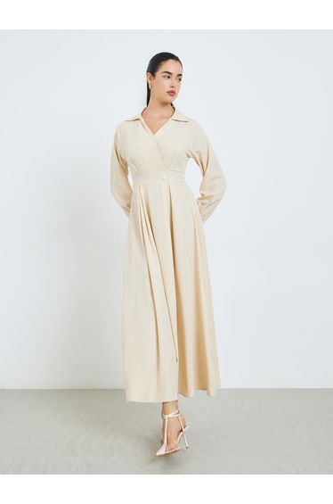 Women Beige Pleated A-Line Dress