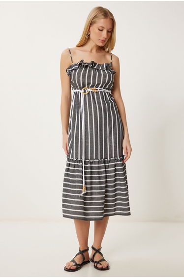 Women's Anthracite Bone Striped Flounced Summer Woven Dress