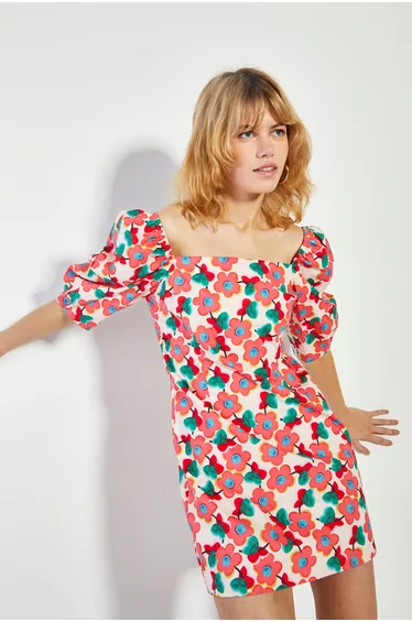 Glamorous Pink Floral Puff Shoulder Mini Dress