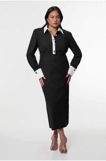 Plus Size Techno Cotton Woven Maxi Dress With Contrast Placket