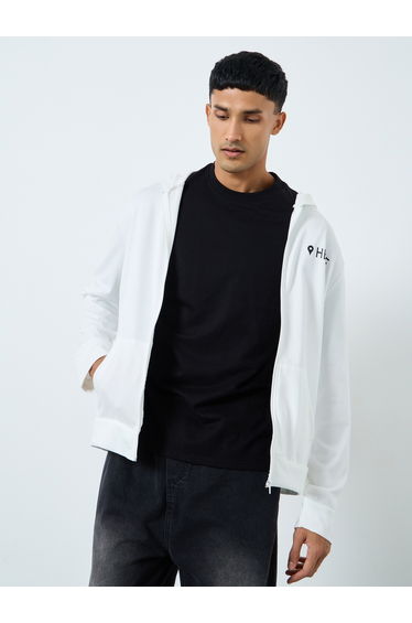 Men White Slogan Print Hooded Jacket