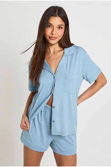 Soft Touch Short Sleeve Shirt & Shorts Pyjama Set - dusty blue