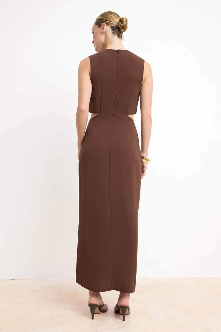 Brown Straight A-Line Accessory Detail Maxi Woven Dress - 3