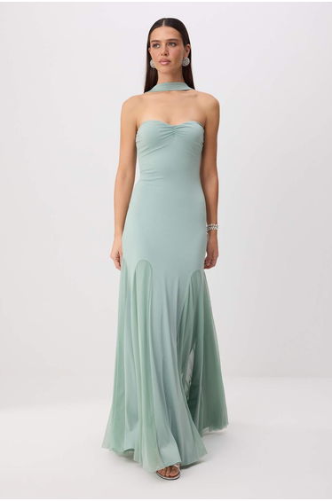 Water Green Skirt Detailed Knitted Lined Maxi Evening & Graduation Dress