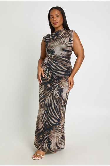 Plus Zebra Mesh Asymmetric Maxi Dress - zebra