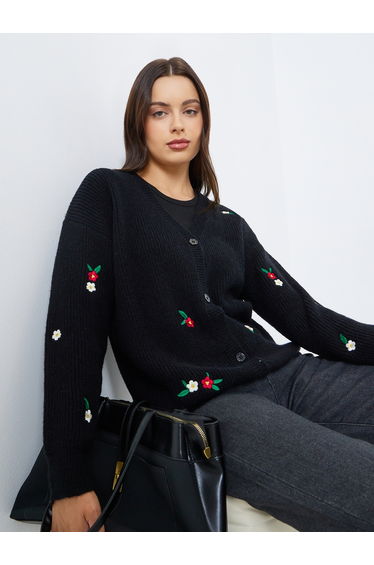 Regular Fit Longline Embroidered Cardigan