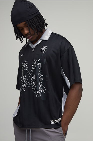 Tall Oversized Grunge Varsity Rhinestone Mesh V Neck T-Shirt - black