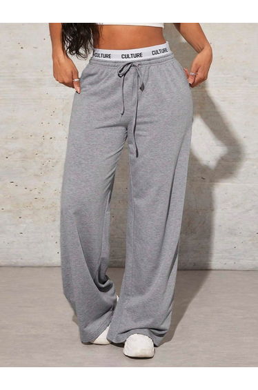 Solid Text Print Drawstring Waist Wide Leg Pants